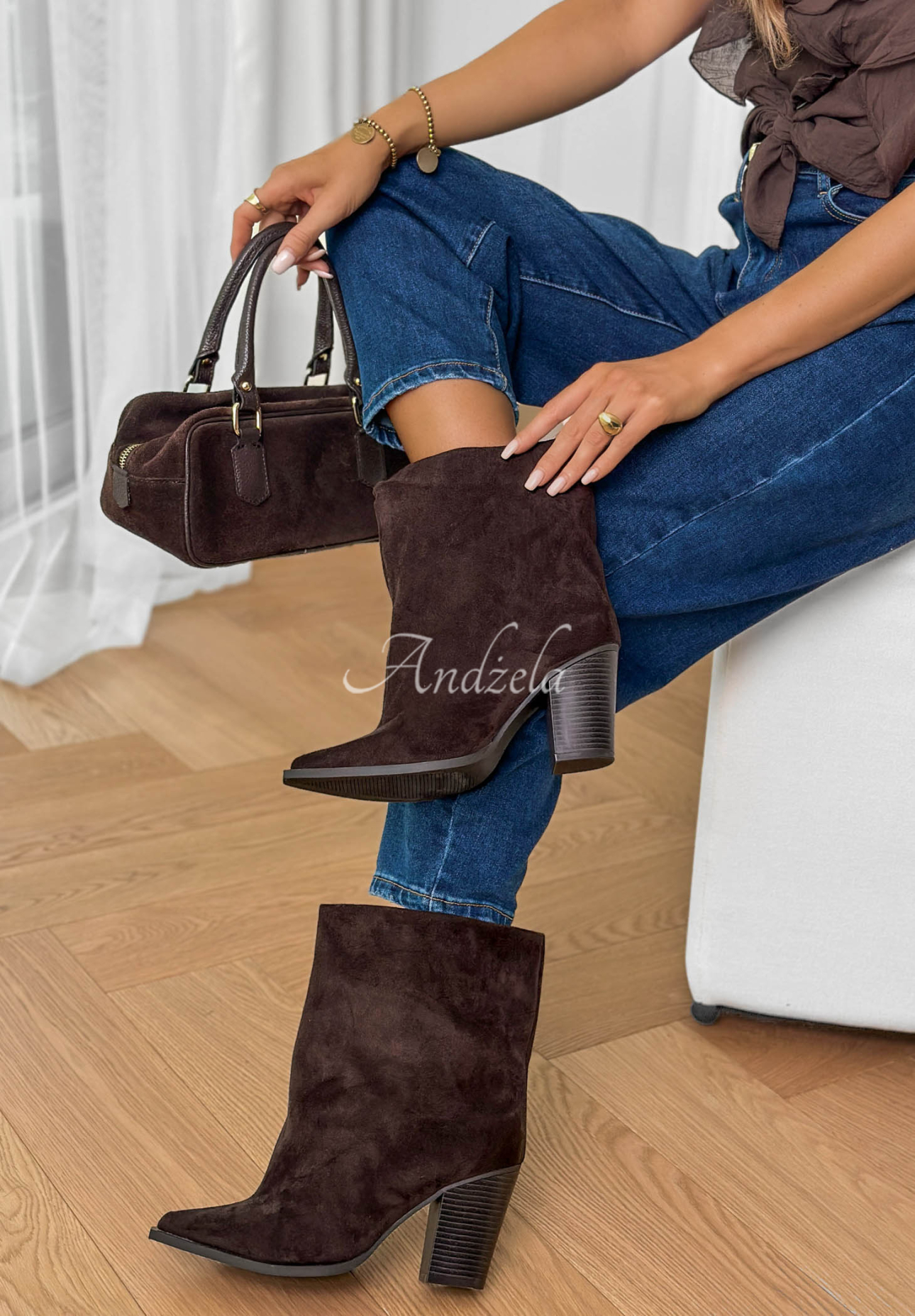 Semišové kotníkové boty na širokém podpatku Fancy Style čokoládové