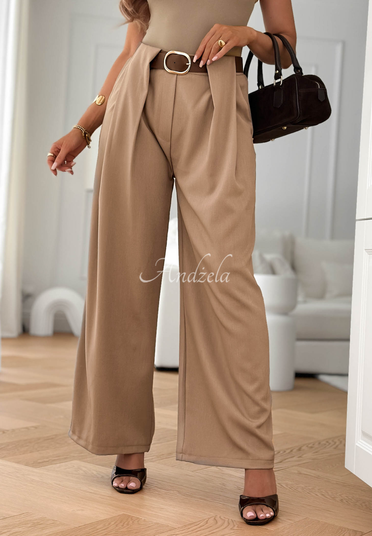 Látkové kalhoty wide leg s páskem Clean Looks Mokka