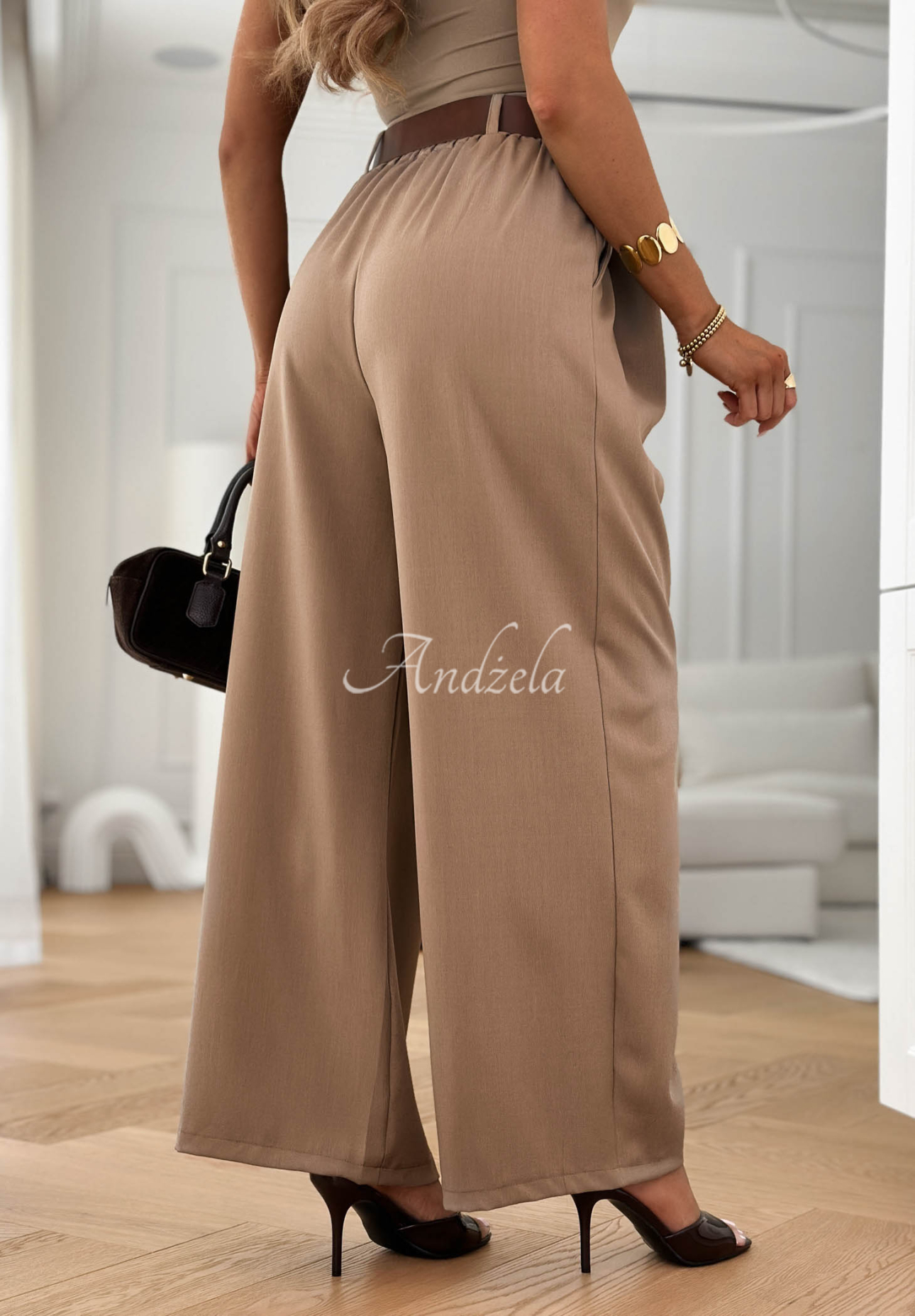 Látkové kalhoty wide leg s páskem Clean Looks Mokka