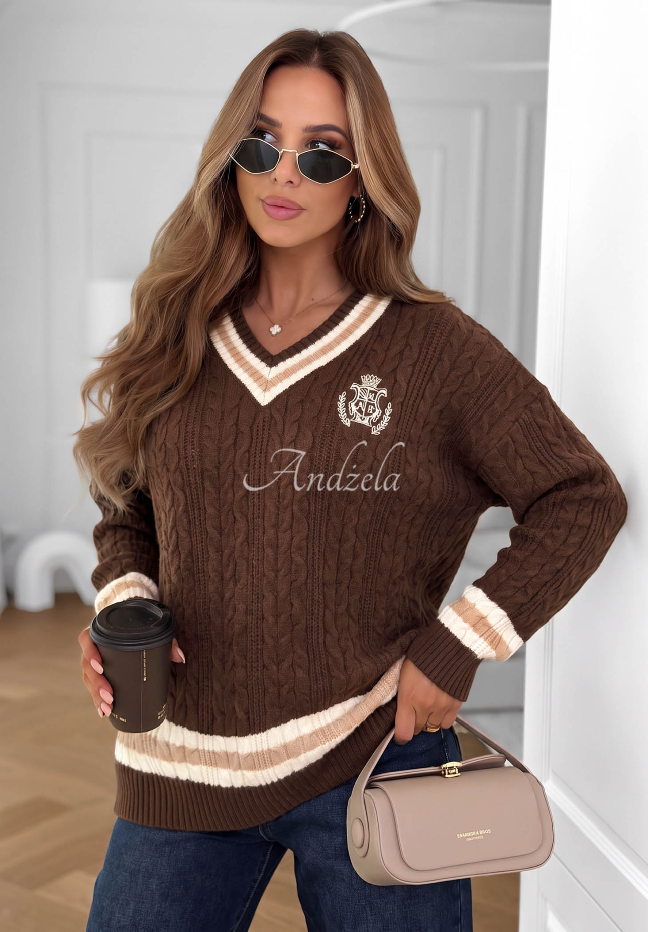 Viskózový svetr s ozdobným úpletem Velvet Touch čokoládový