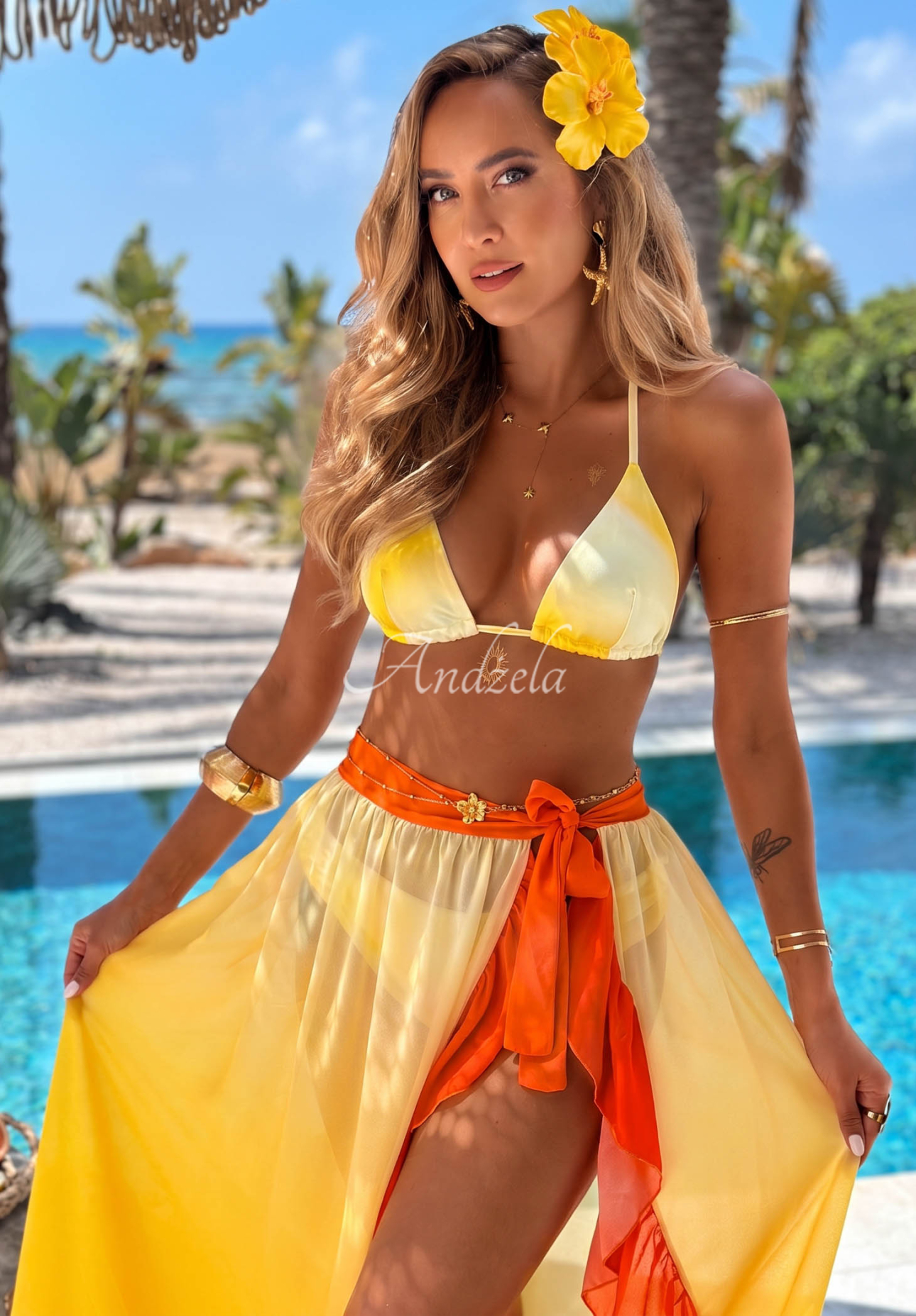 Souprava plavky bikini a pareo s volánky Aloha Sunset žluto-oranžová