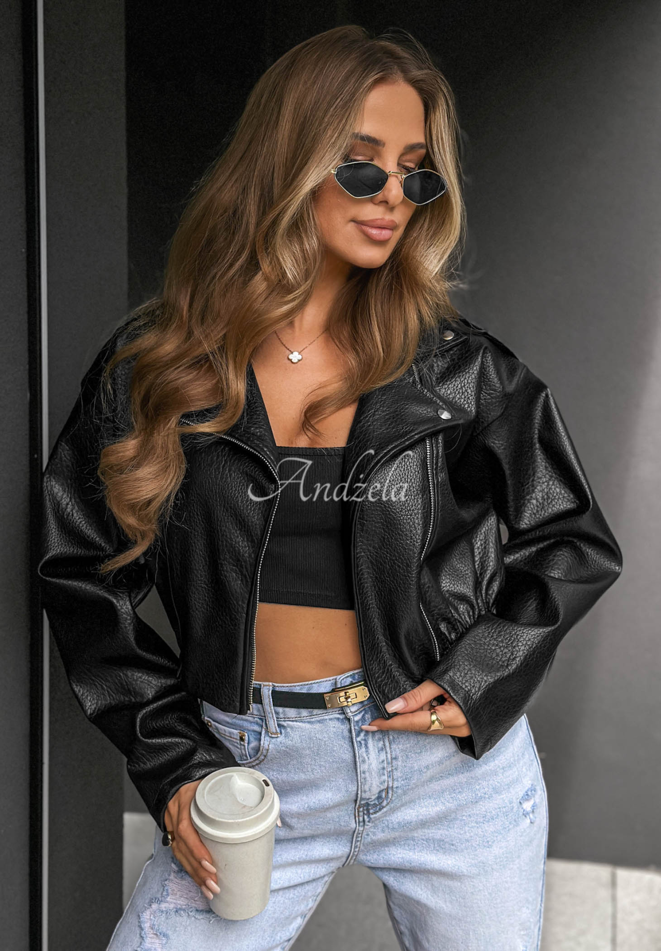 Krátká kožená bunda bomber Amber Mist černá