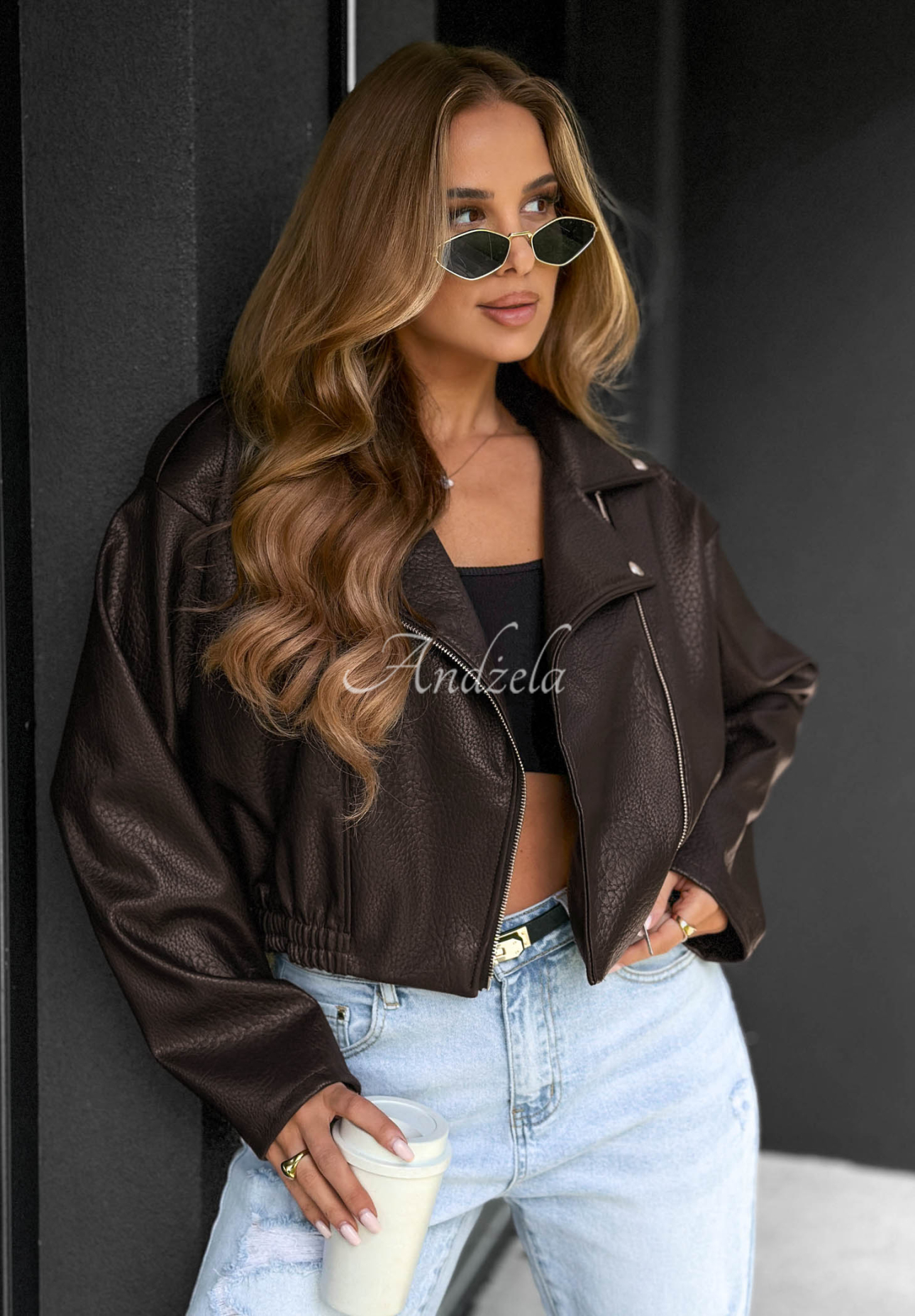 Krátká kožená bunda bomber Amber Mist čokoládová