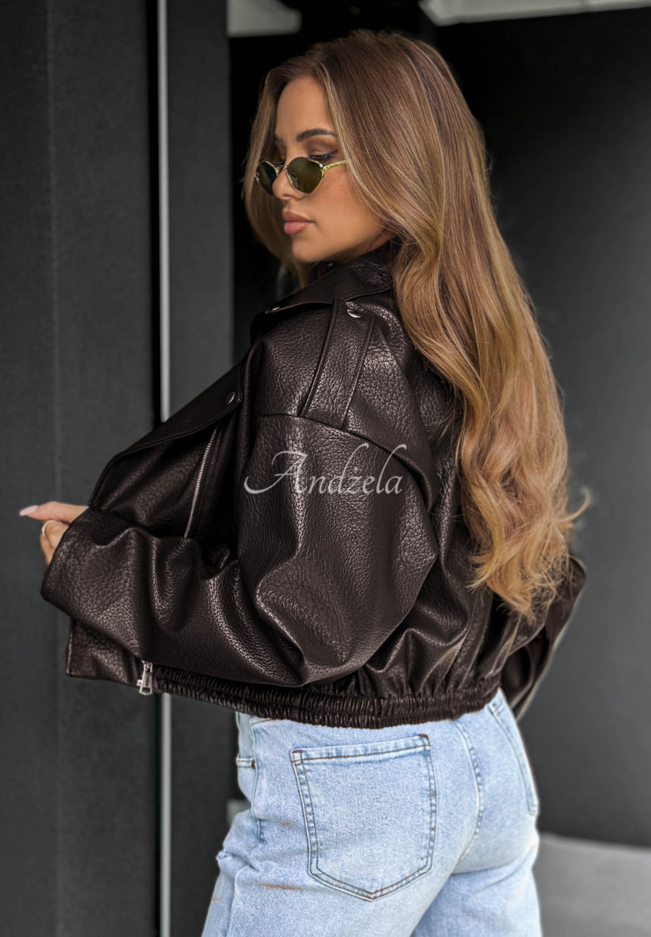 Krátká kožená bunda bomber Amber Mist čokoládová