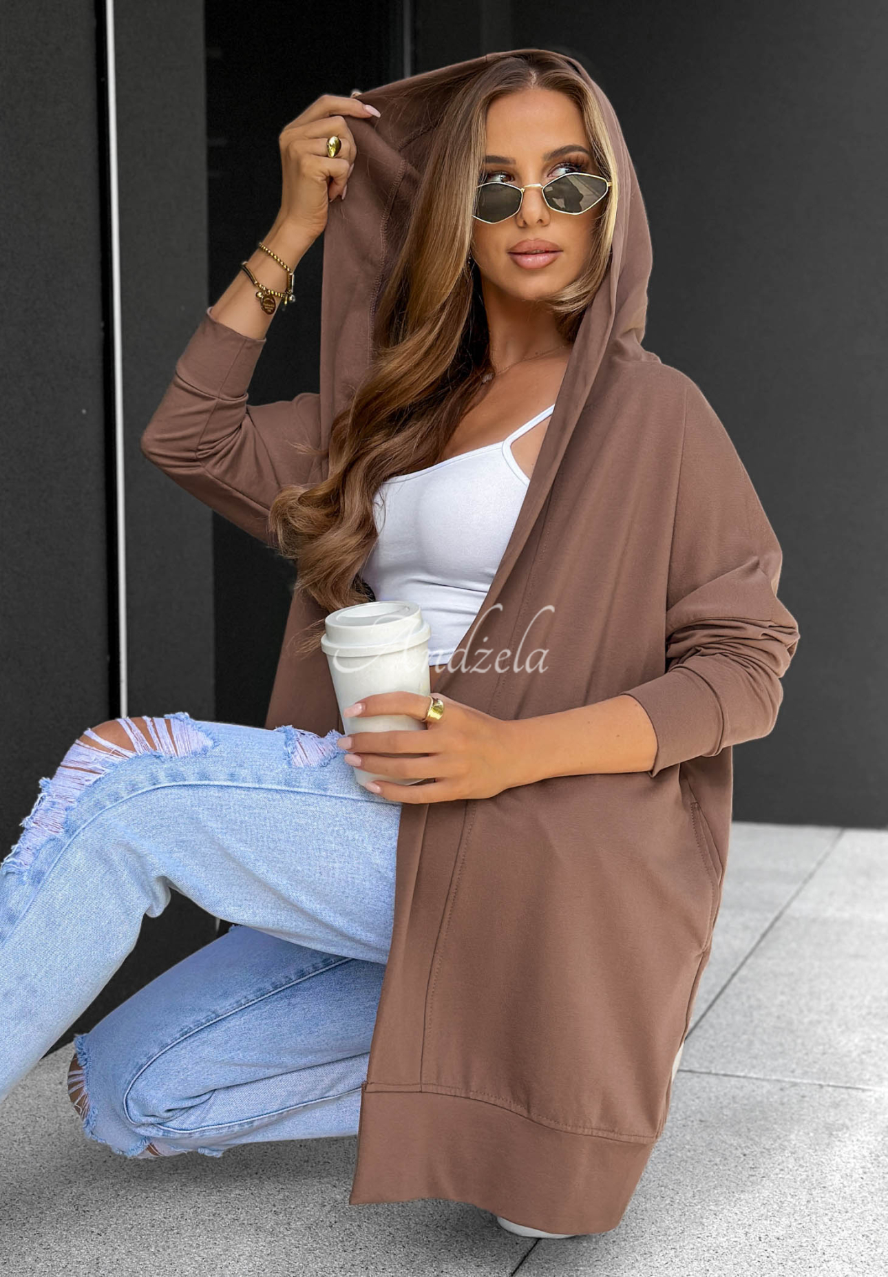 Dlouhá bavlněná mikina s kapucí Cozy Mood čokoládová