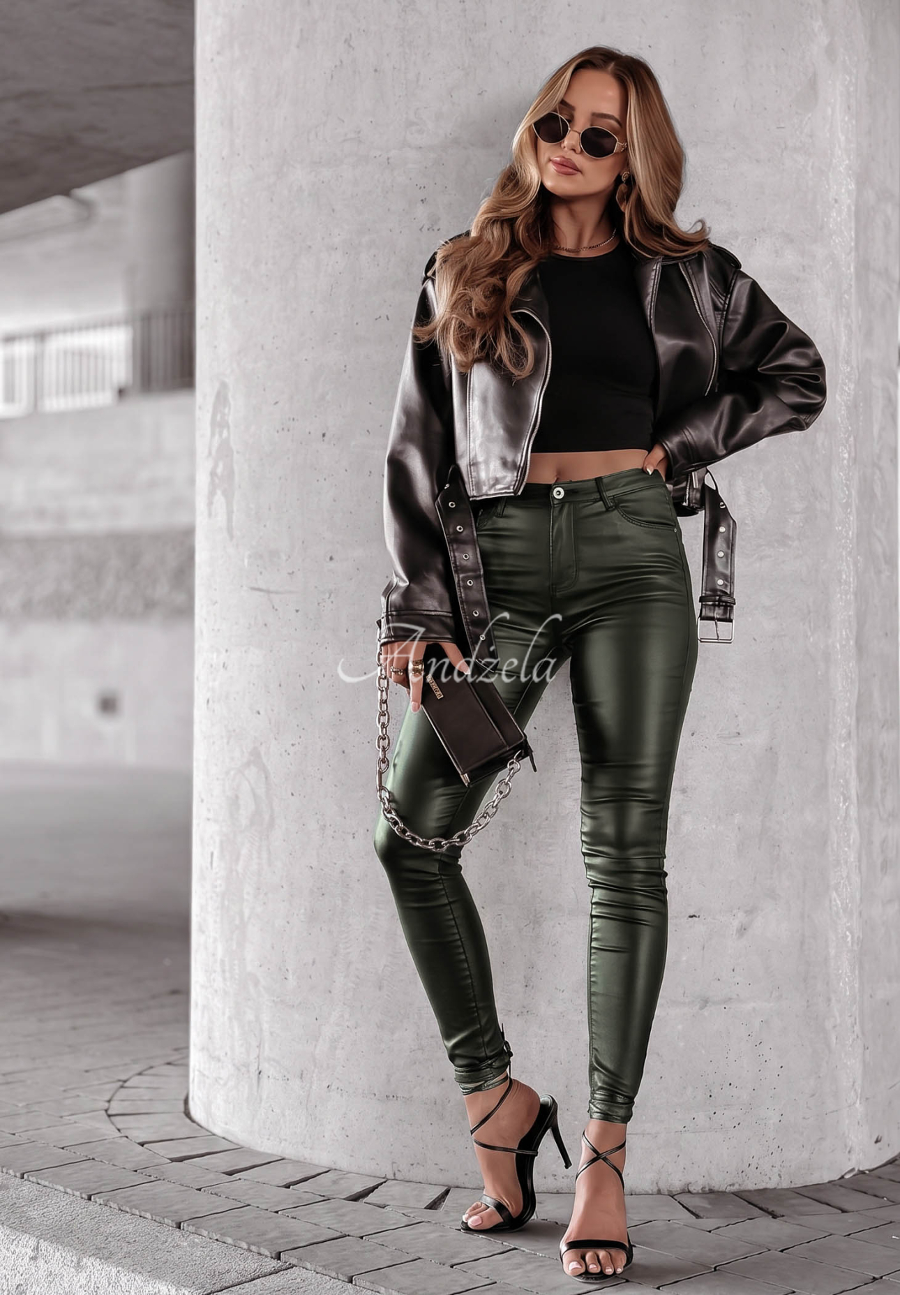Kalhoty Z Imitace Kůže Rebel láhvová zelená