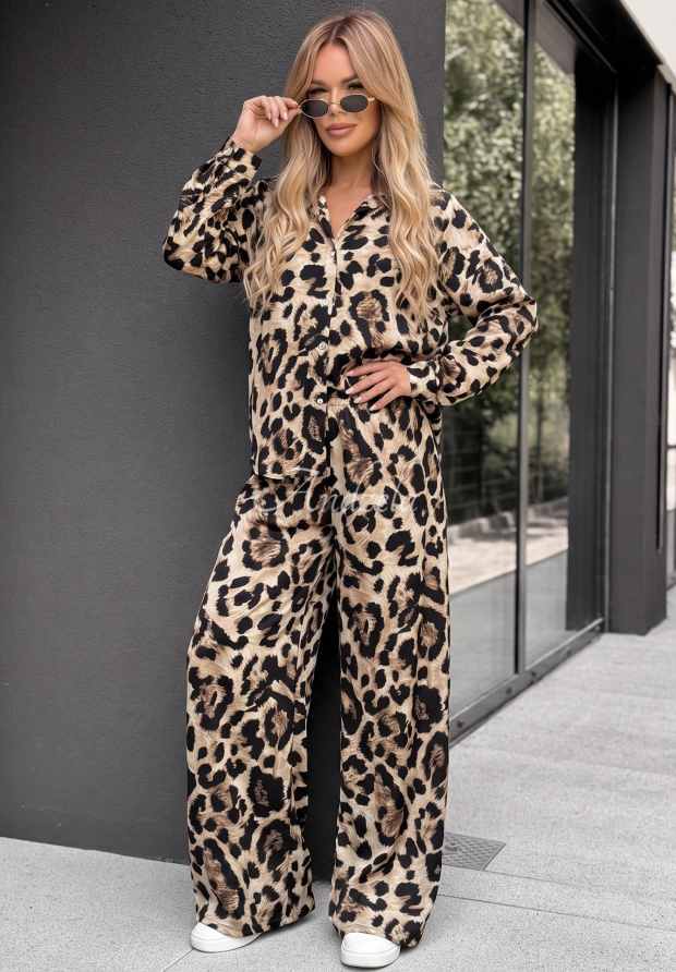 Visk&oacute;zov&aacute; souprava ko&scaron;ile a kalhot wide leg s leopard&iacute;m vzorem Summer Panther b&eacute;žovo-čern&aacute;