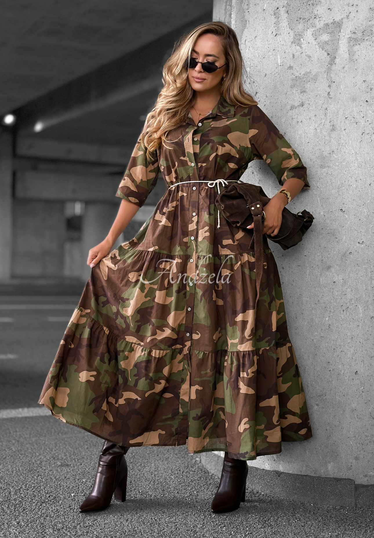 Košilové maxi šaty s volány z bavlny moro Verde Vibe khaki