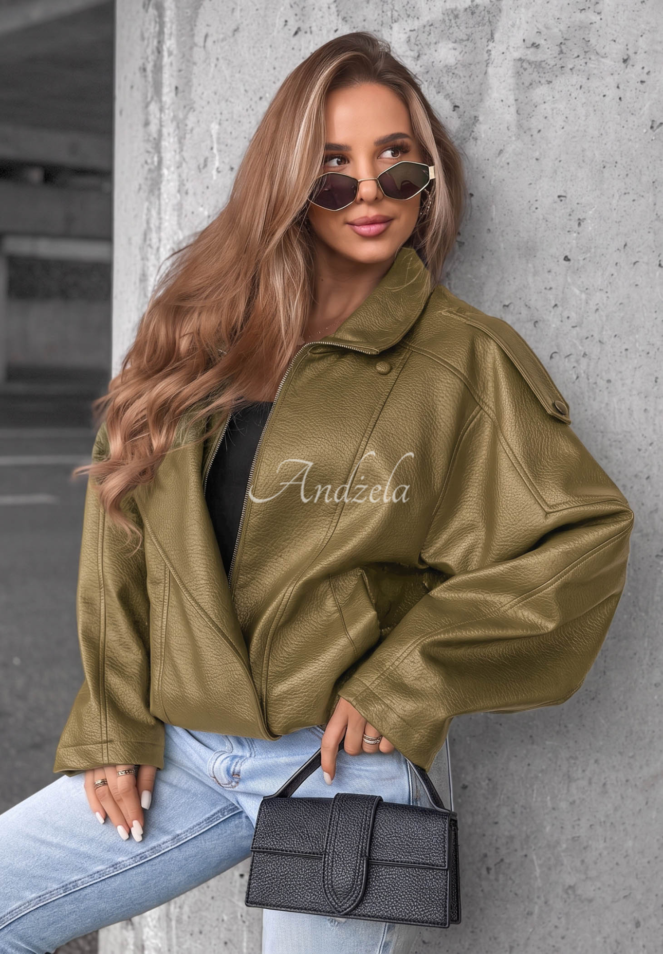 Kožená bunda se stahováním Amber Mood olivová