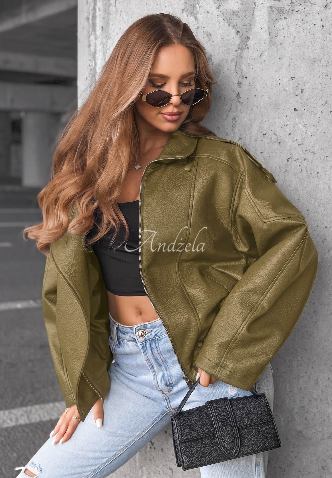 Kožená bunda se stahováním Amber Mood olivová