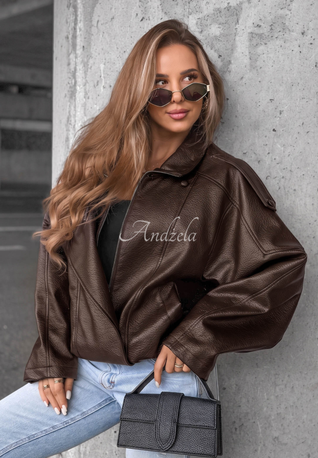 Kožen&aacute; bunda se stahov&aacute;n&iacute;m Amber Mood čokol&aacute;dov&aacute;