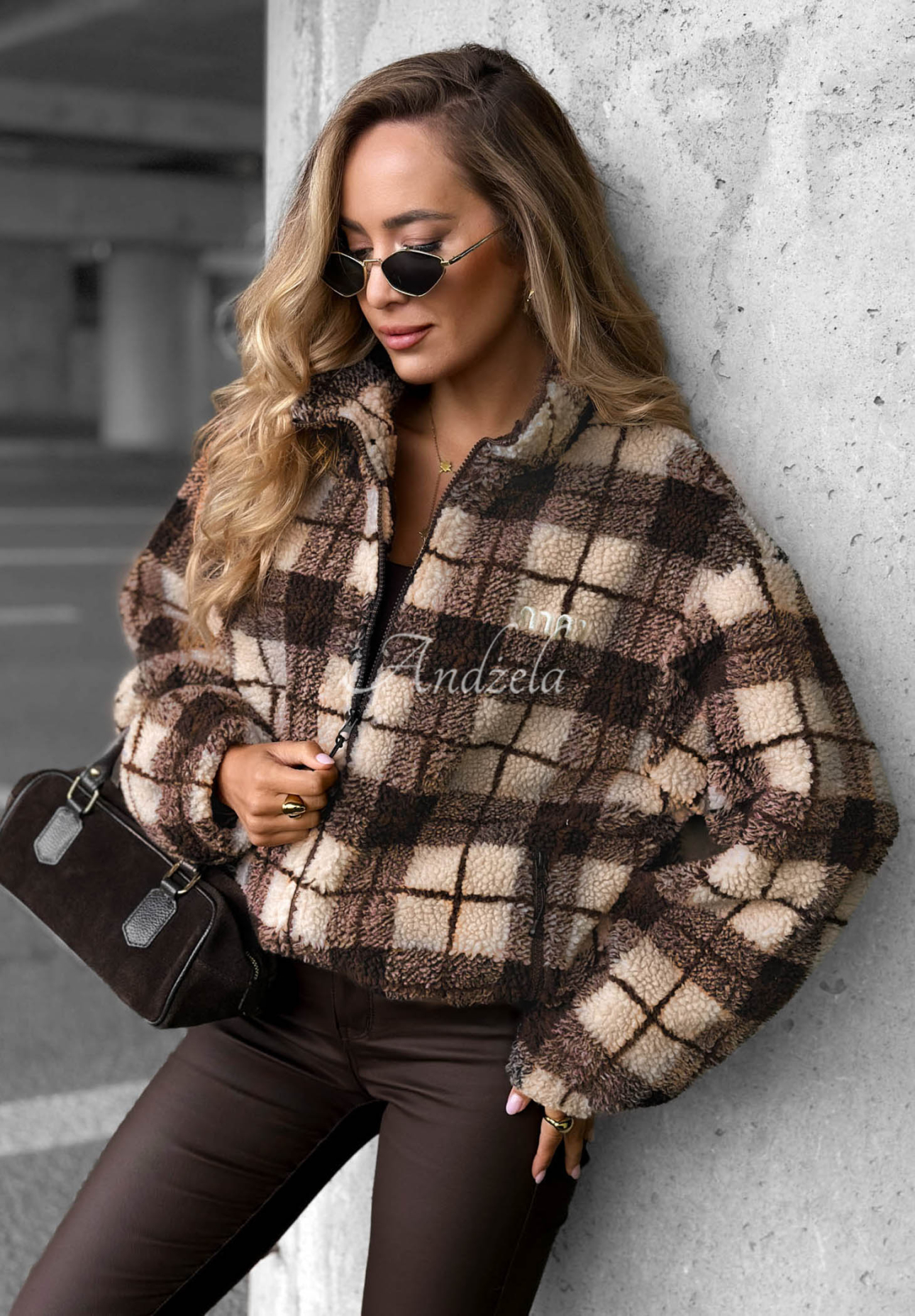 Krátká károvaná sherpa bunda Teddy Jacket čokoládová