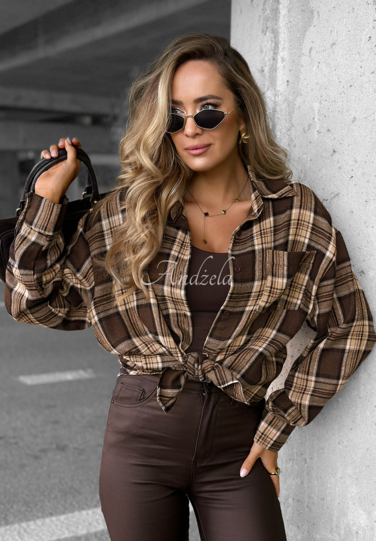 Dlouhá károvaná košile Fall Edit čokoládová