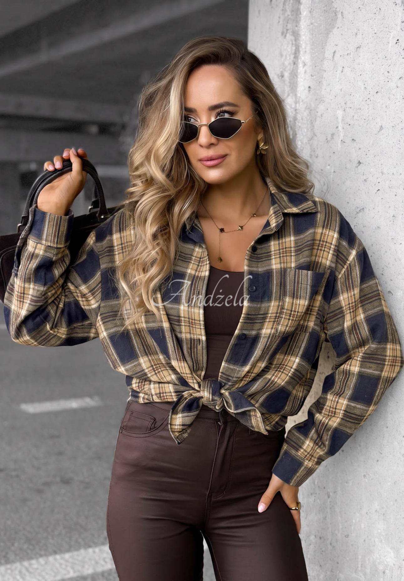 Dlouhá károvaná košile Fall Edit granátová