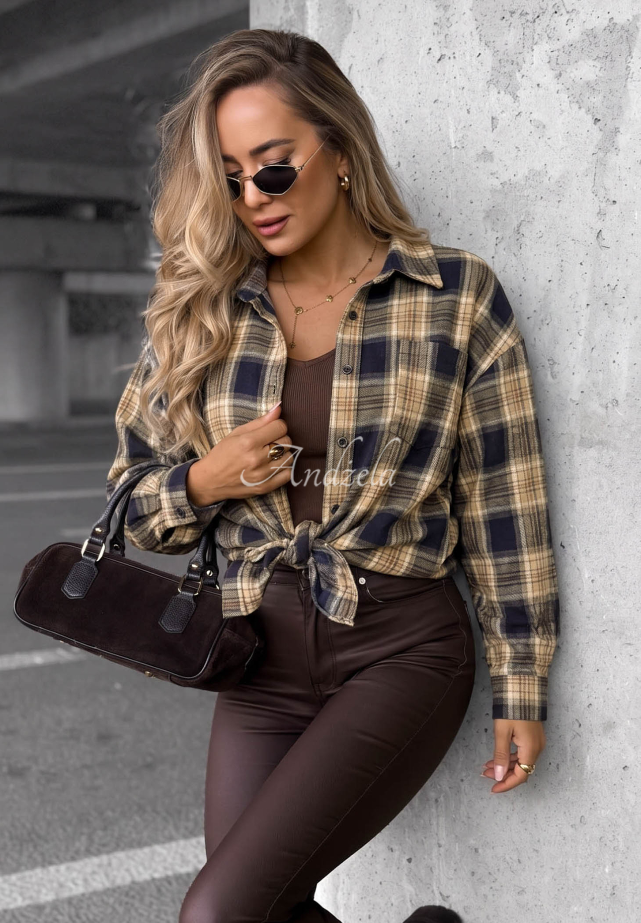 Dlouhá károvaná košile Fall Edit granátová