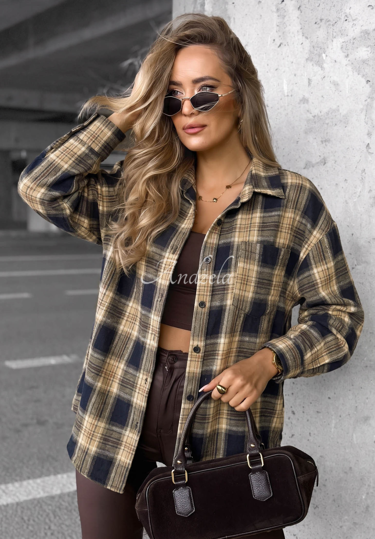 Dlouhá károvaná košile Fall Edit granátová