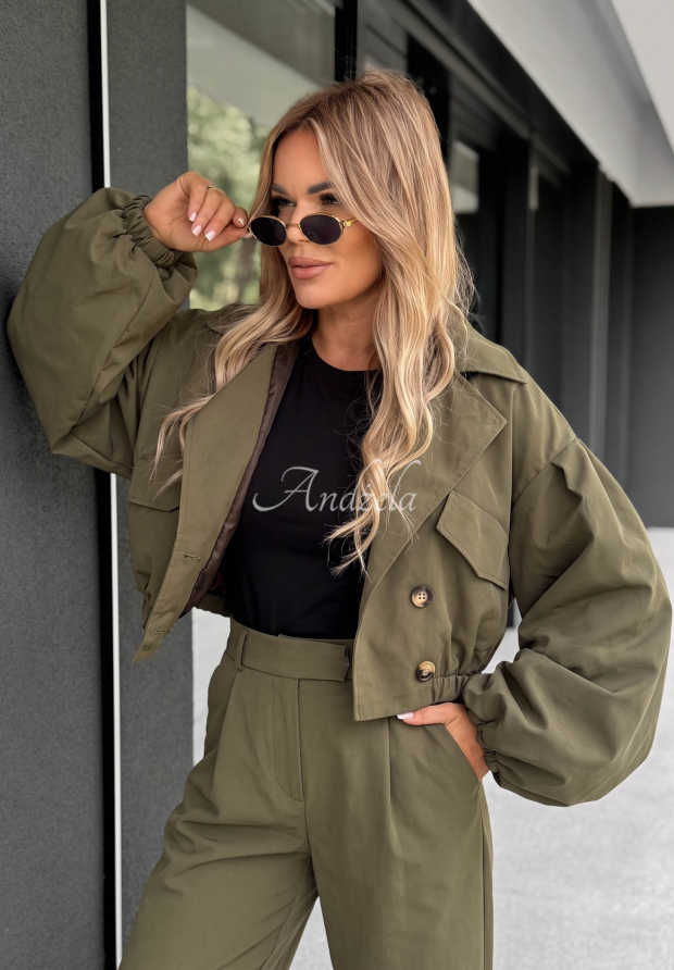 Kr&aacute;tk&yacute; dvouřad&yacute; oversize kab&aacute;t s l&iacute;mcem Play Your Cards khaki