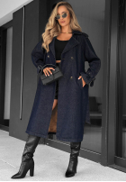 Dlouhý džínový  Kabát trencz z paskiem Autumn Outfits ciemnogranatowy