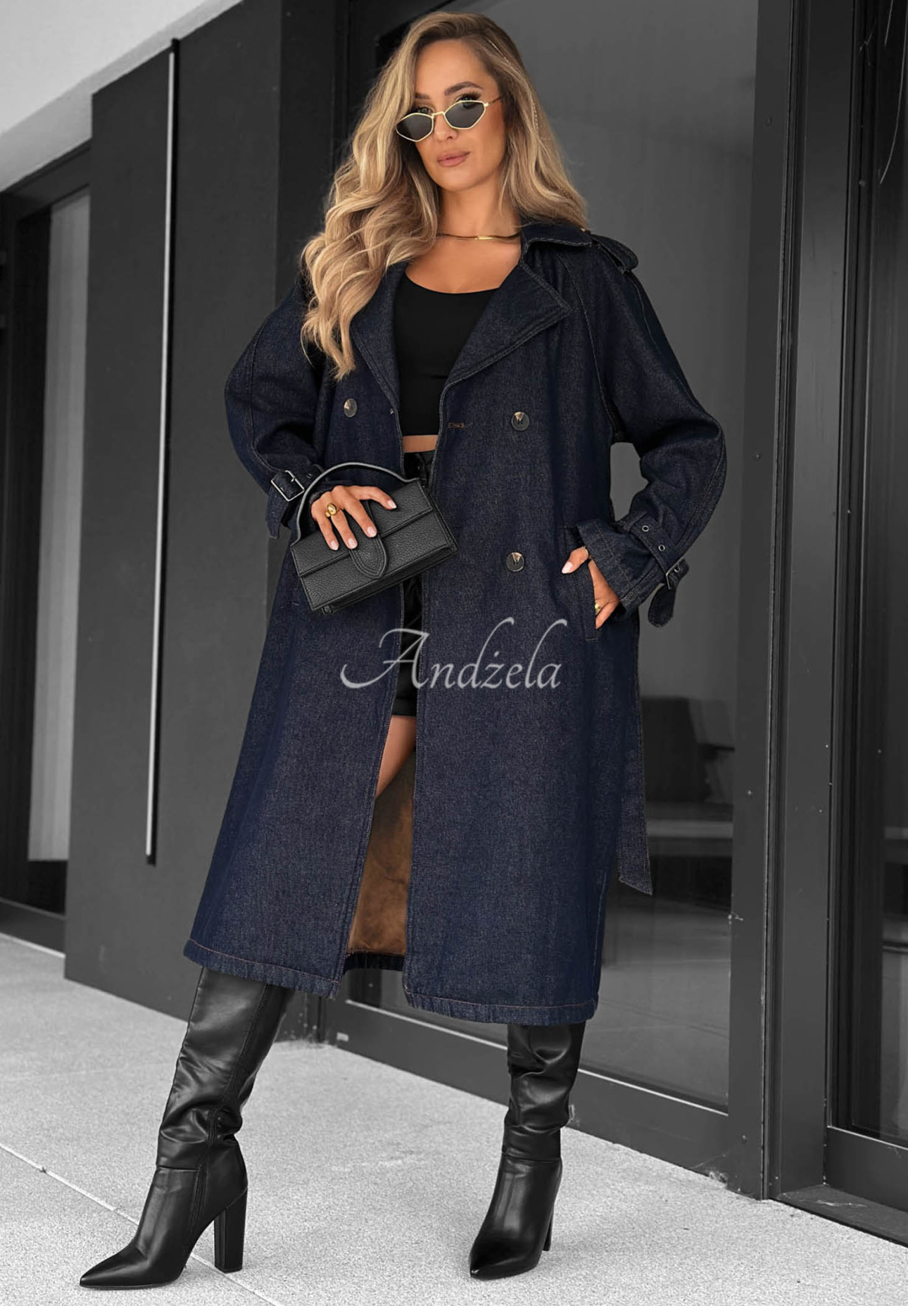 Dlouhý džínový trenčkot s páskem Autumn Outfits tmavě modrý
