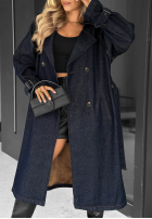Dlouhý džínový  Kabát trencz z paskiem Autumn Outfits ciemnogranatowy