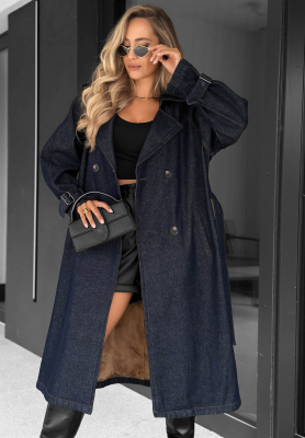 Dlouhý džínový trenčkot s páskem Autumn Outfits tmavě modrý