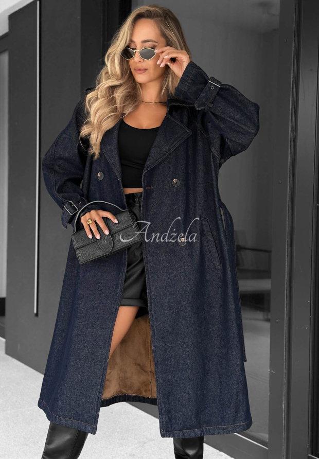 Dlouh&yacute; dž&iacute;nov&yacute; trenčkot s p&aacute;skem Autumn Outfits tmavě modr&yacute;