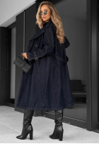 Dlouhý džínový  Kabát trencz z paskiem Autumn Outfits ciemnogranatowy