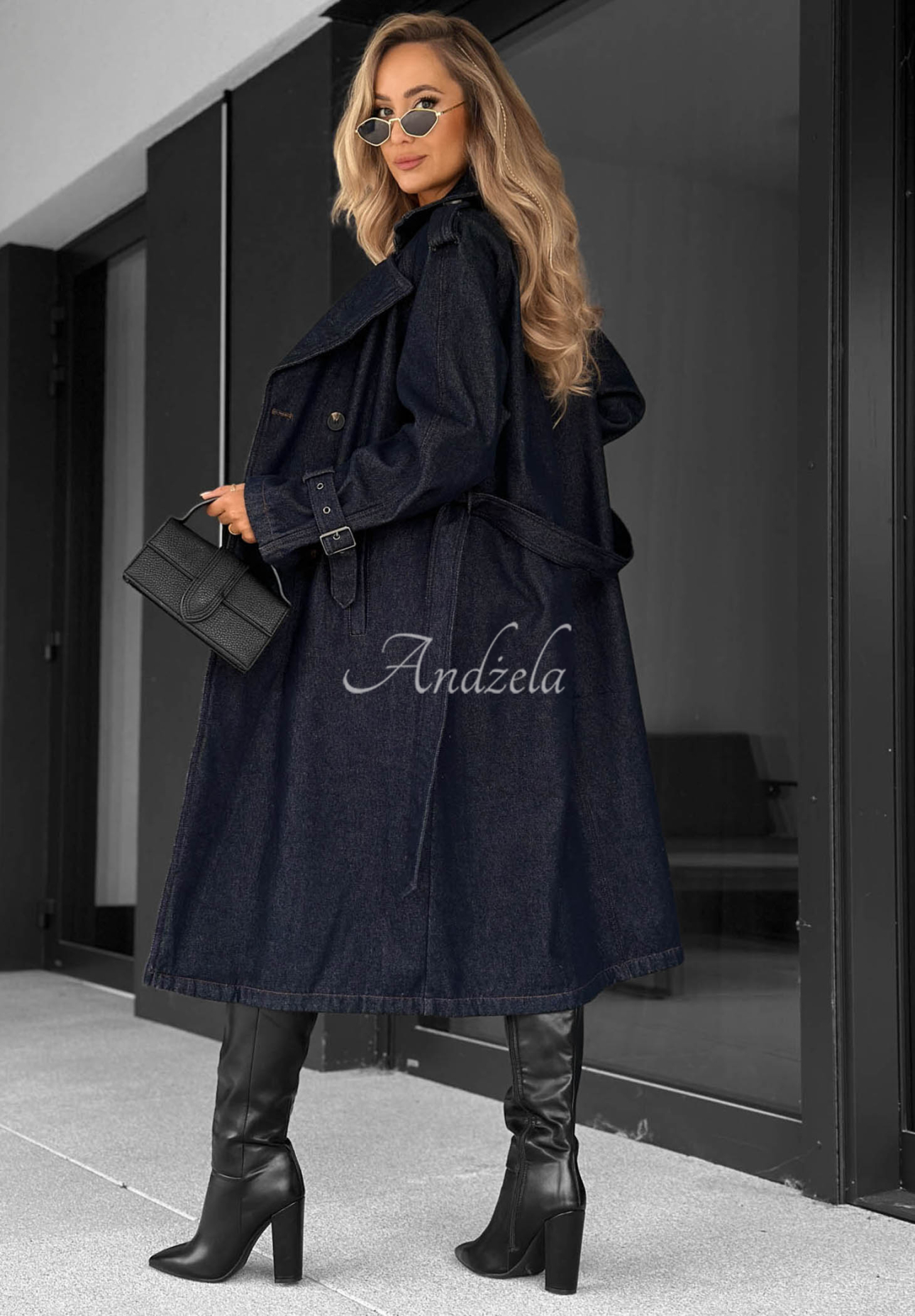 Dlouhý džínový trenčkot s páskem Autumn Outfits tmavě modrý