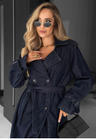 Dlouhý džínový  Kabát trencz z paskiem Autumn Outfits ciemnogranatowy