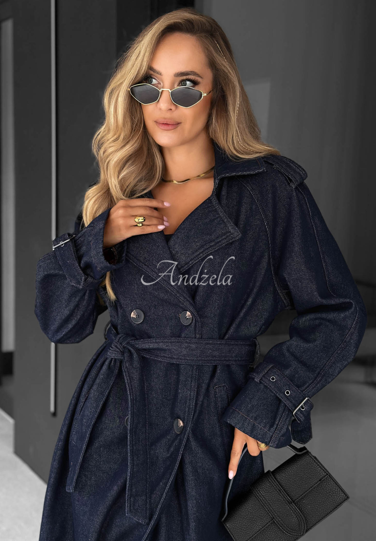 Dlouhý džínový trenčkot s páskem Autumn Outfits tmavě modrý