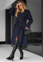 Dlouhý džínový  Kabát trencz z paskiem Autumn Outfits ciemnogranatowy