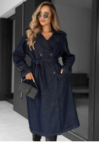 Dlouhý džínový  Kabát trencz z paskiem Autumn Outfits ciemnogranatowy