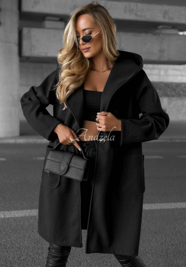 Dlouh&yacute; oversize kab&aacute;t s kapuc&iacute; Autumn Coat Čern&eacute;