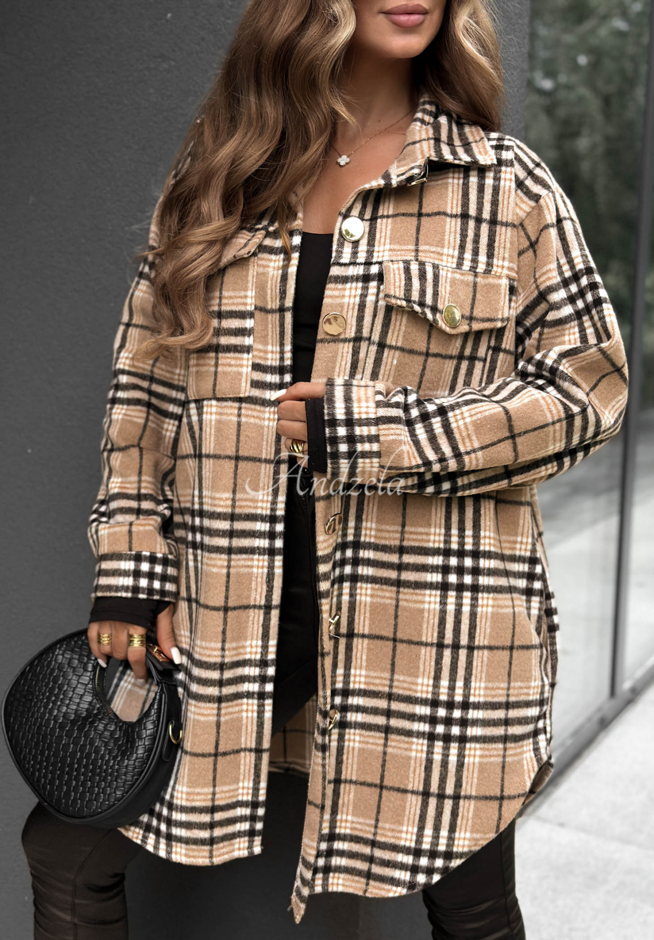 Dlouhá svrchní károvaná košile Autumn Bear velbloudí