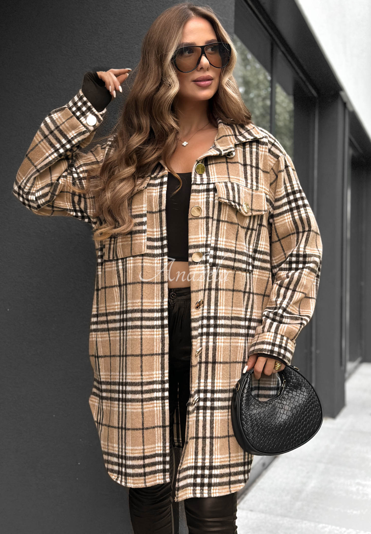 Dlouhá svrchní károvaná košile Autumn Bear velbloudí