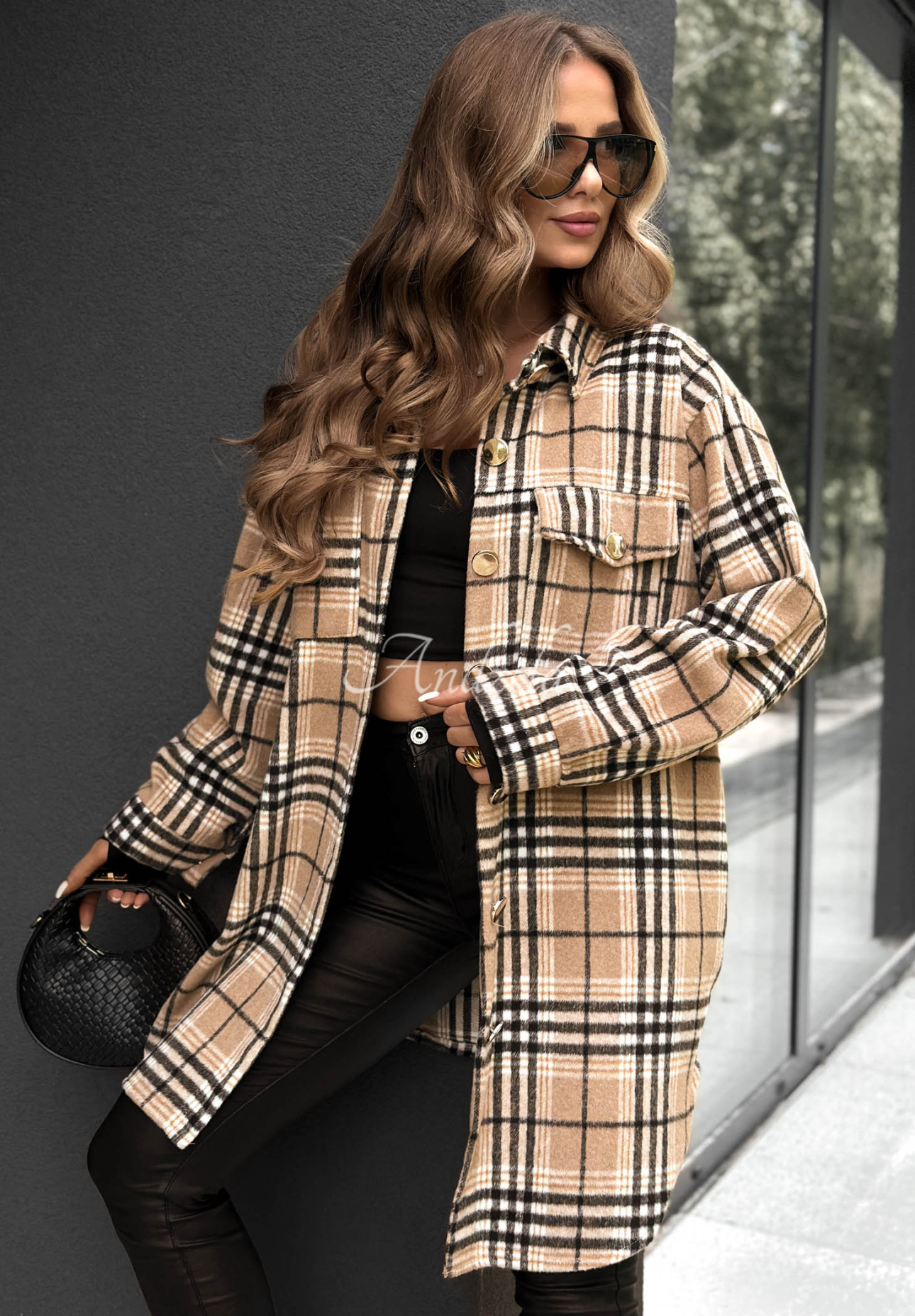 Dlouhá svrchní károvaná košile Autumn Bear velbloudí