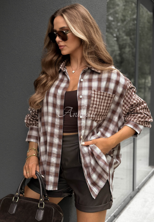 Dlouh&aacute; asymetrick&aacute; k&aacute;rovan&aacute; ko&scaron;ile z bavlny Autumn Check čokol&aacute;dov&aacute;