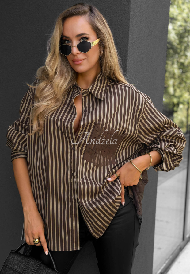 Bavlněn&aacute; oversize pruhovan&aacute; ko&scaron;ile Stripe Charm b&eacute;žovo-čokol&aacute;dov&aacute;