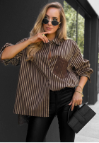 Košile oversize w paski Stripe Charm béžovo-čokoládová