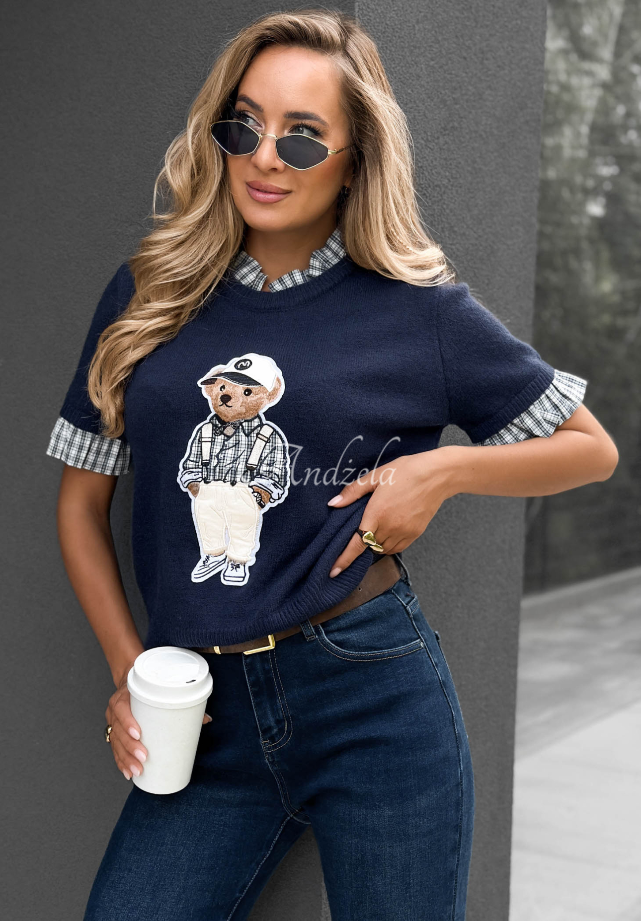 Viskózový svetr s krátkým rukávem a medvídkem Little Teddy granátový