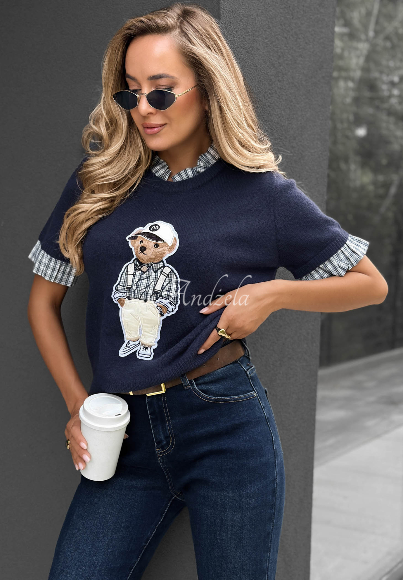 Viskózový svetr s krátkým rukávem a medvídkem Little Teddy granátový
