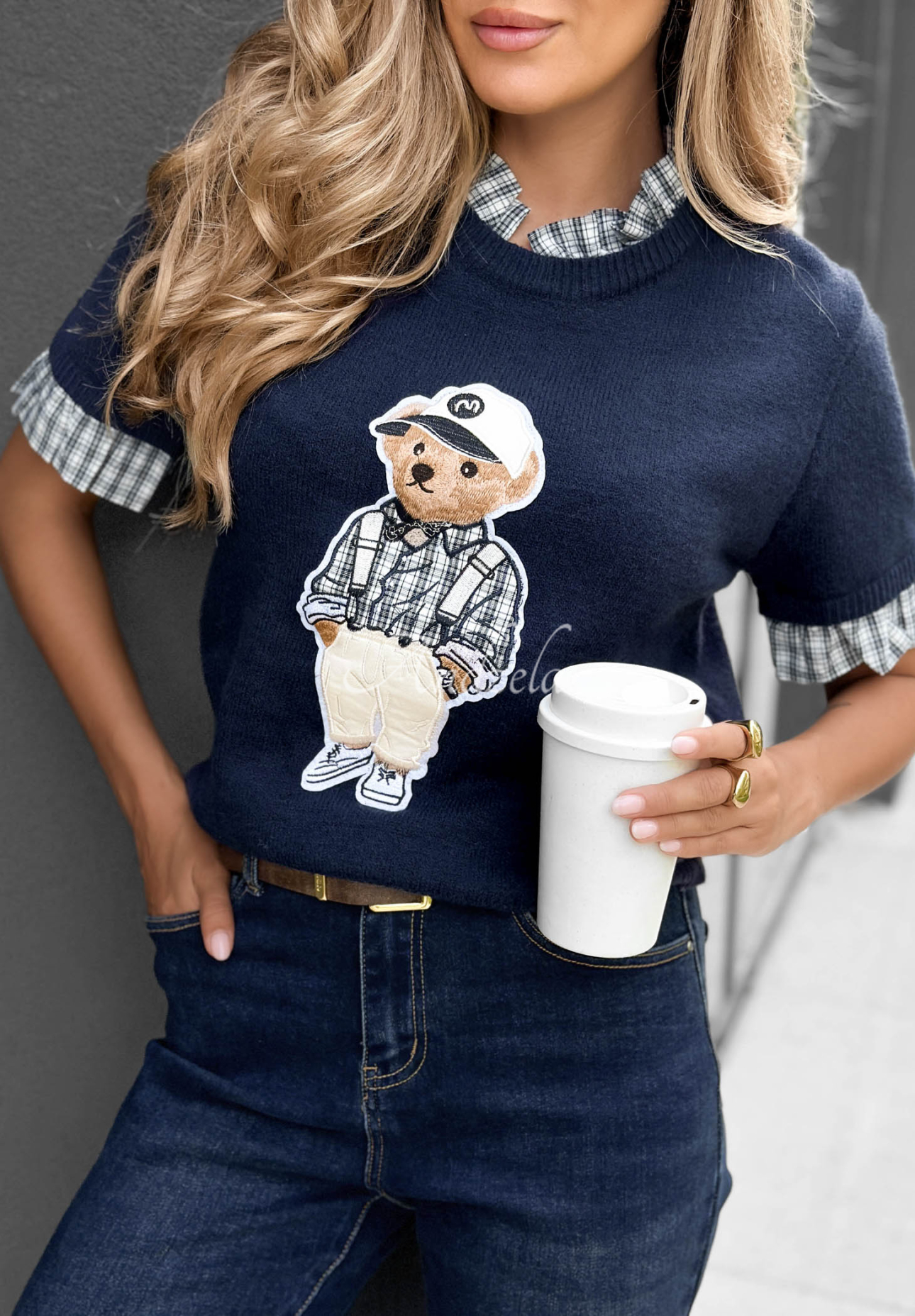 Viskózový svetr s krátkým rukávem a medvídkem Little Teddy granátový