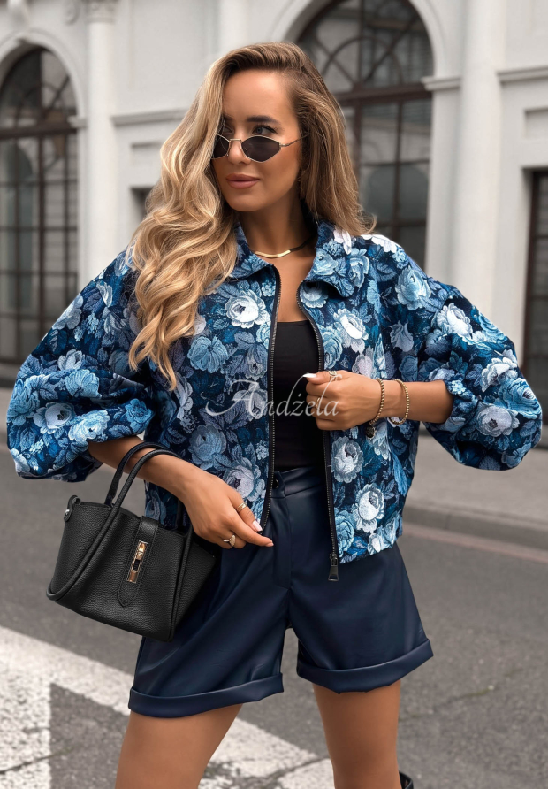Kr&aacute;tk&aacute; žak&aacute;rov&aacute; bomber bunda s květinov&yacute;m vzorem Autumn Select modr&aacute;