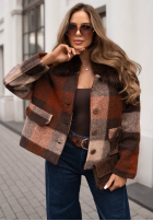 Krátký károvaný kabát s vlnou a kožíškem Autumn Mood čokoládovo-šedý