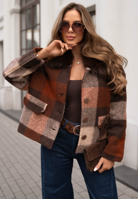 Krátký károvaný kabát s vlnou a kožíškem Autumn Mood čokoládovo-šedý