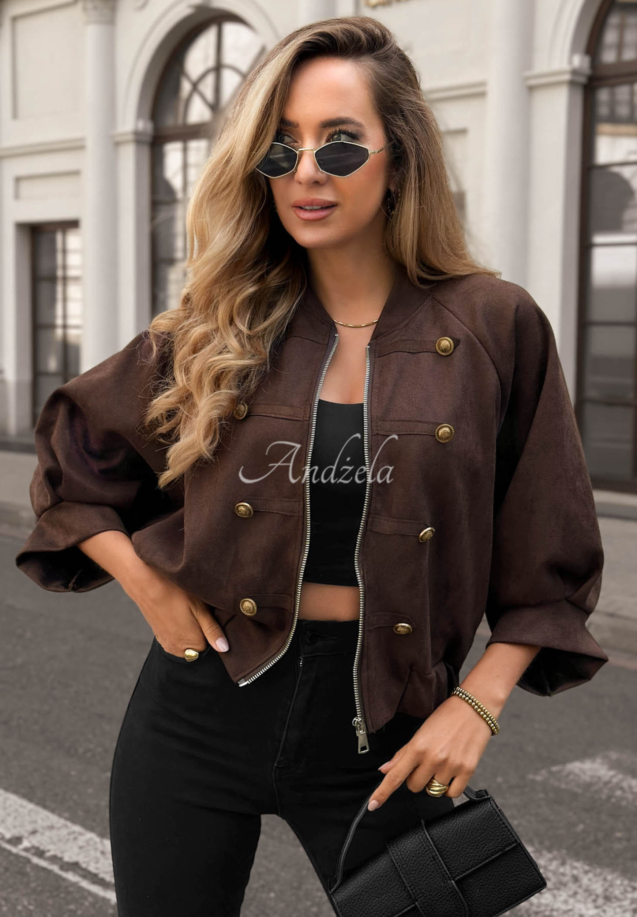 Semišová bunda ve vojenském stylu Elegant Force čokoládová