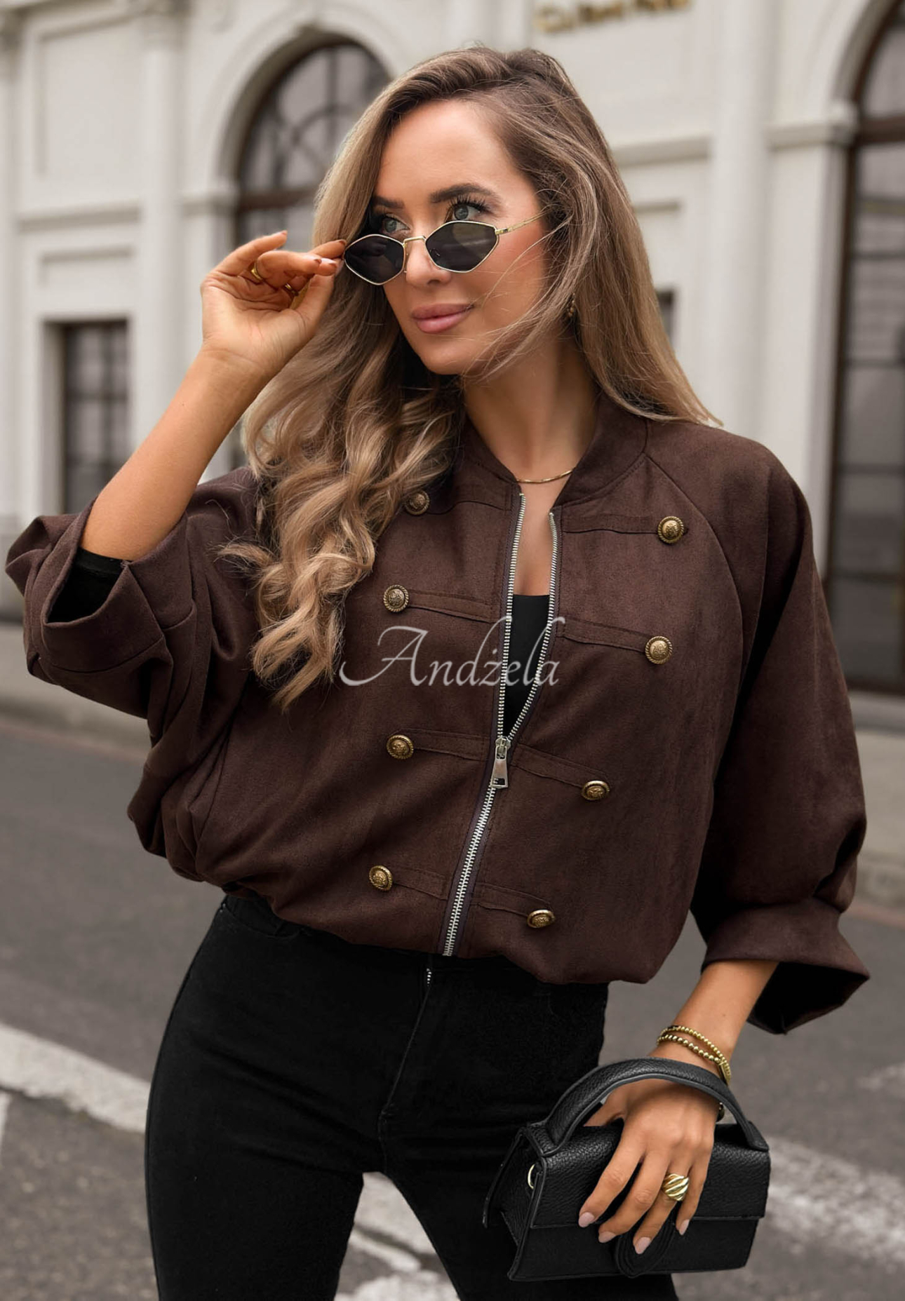 Semišová bunda ve vojenském stylu Elegant Force čokoládová