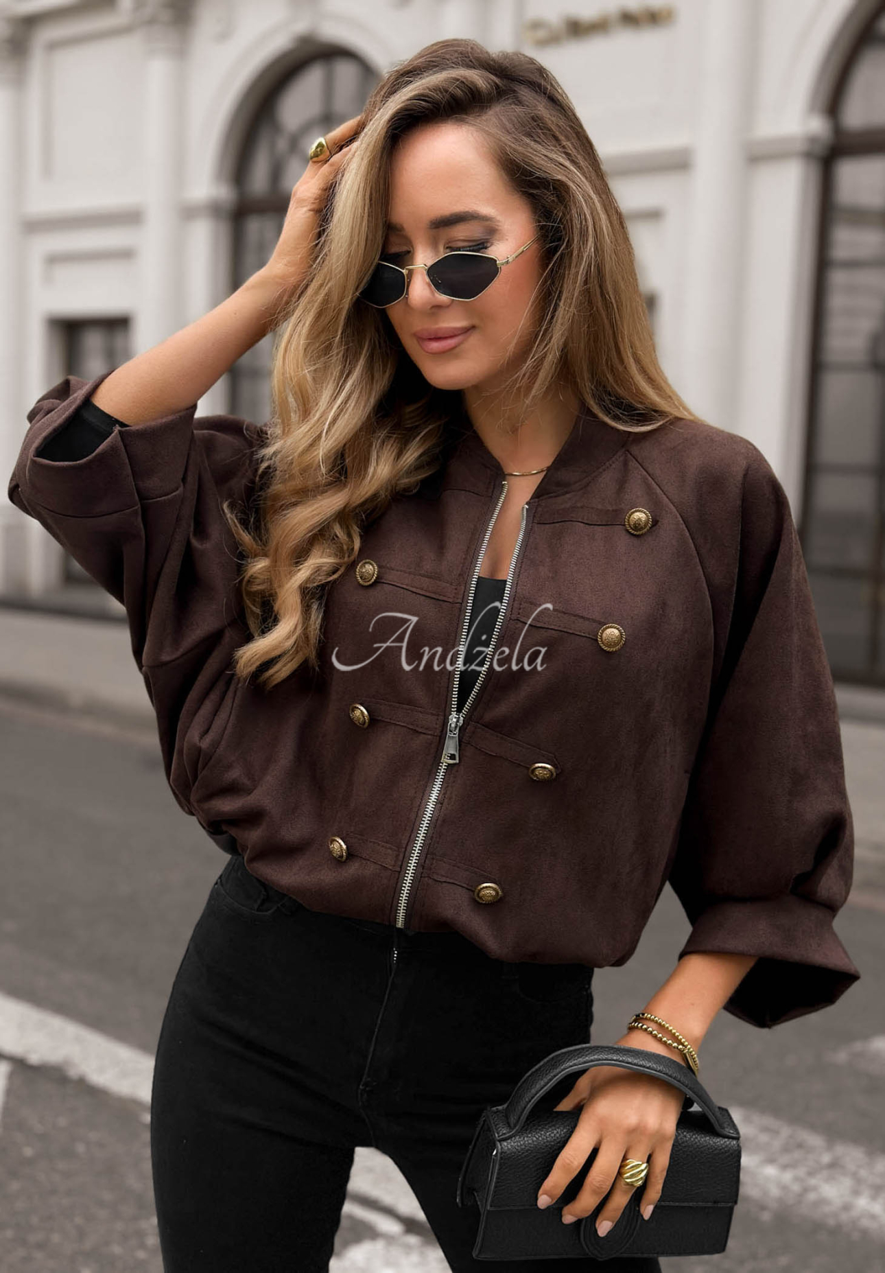 Semišová bunda ve vojenském stylu Elegant Force čokoládová