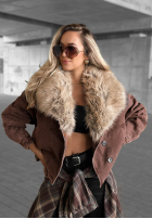 Krátká džínová Bunda z futerkiem Autumn Teddy čokoládová