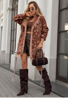 Dlouhý kardigan oversize z frędzlami vzorované Autumn Goddess čokoládový